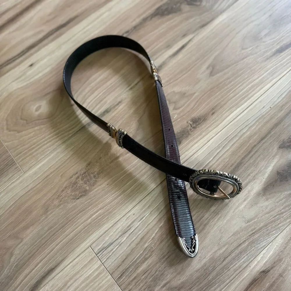 Vintage Brighton Womens Black Reversible Croc Embossed Leather Belt Size Small